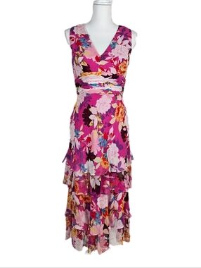 Vtg Adrianna Papell Silk Chiffon Dress Midi Floral Tiered V Neck Wedding Party 8